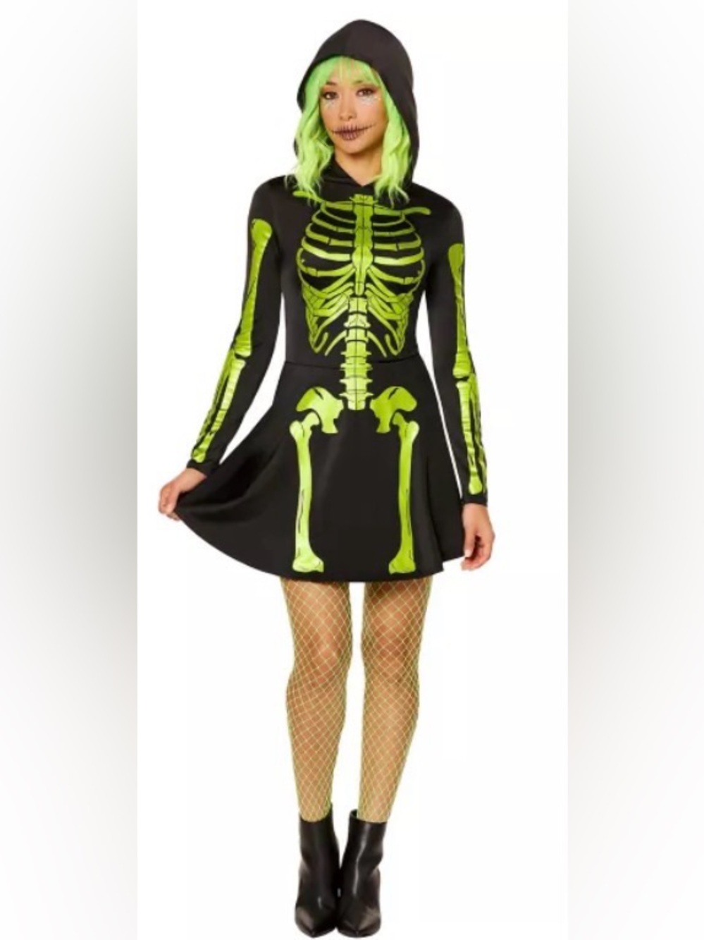 Spirit Black & Neon Green Hooded Skeleton Skater Costume